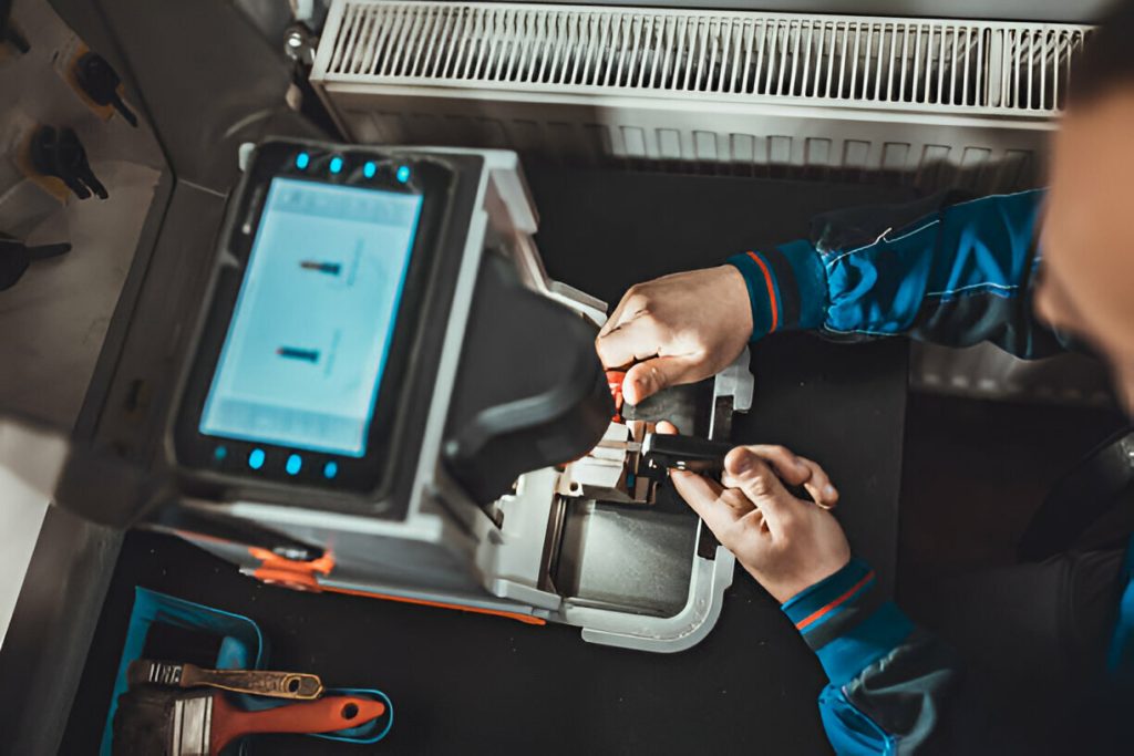 A Knoxmith Lock & Key technician using a modern, computerized key cutting machine to duplicate a key in our Knoxville, TN shop.