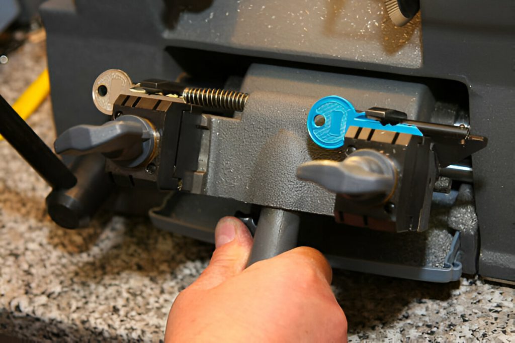A close-up of a key being duplicated on a cutting machine at Knoxmith Lock & Key in Knoxville, TN, showing the original key and a new blue blank.