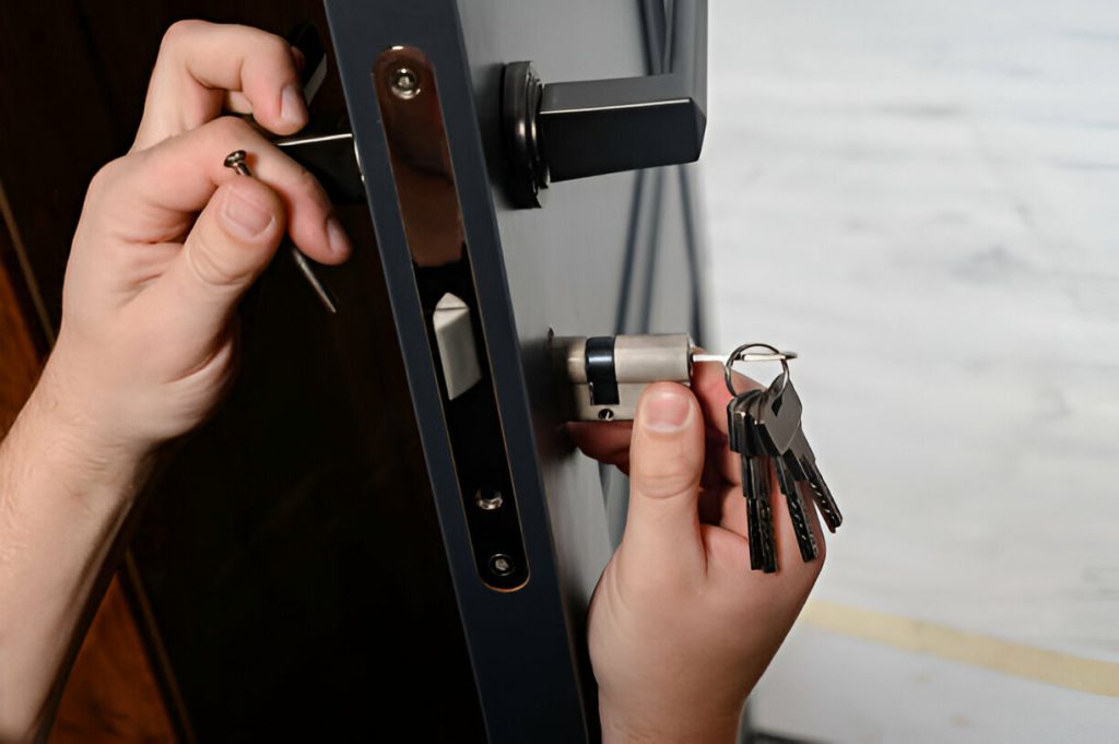 A close-up of a Knoxmith Lock & Key technician installing a new, modern door lock and handle in Knoxville, TN.