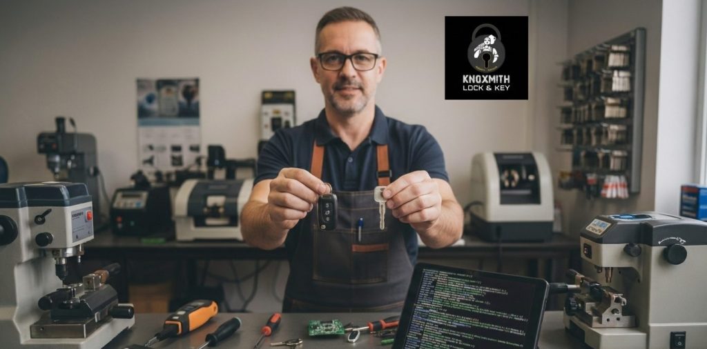 Locksmith holding car and regular keys.