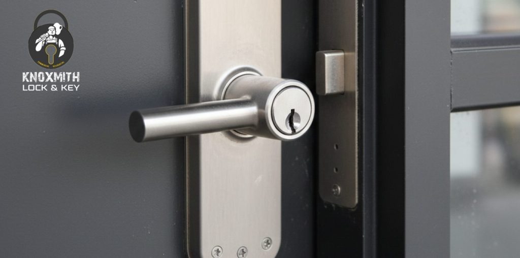 A close-up of a heavy-duty Grade 1 mortise lock installed on a steel commercial door