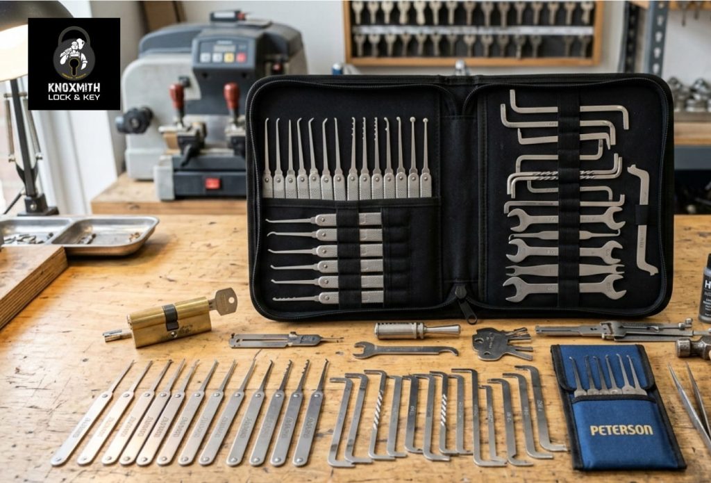 Comprehensive locksmith tool kit on wooden workbench.