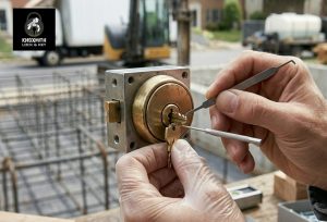 Construction tools on table and locksmith picking lock.