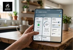 Hand holding smart home device app with home control dashboard