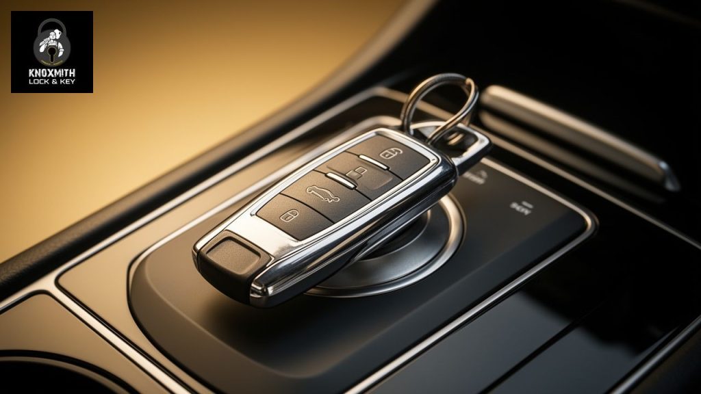 Modern car key fob resting on a car's center console