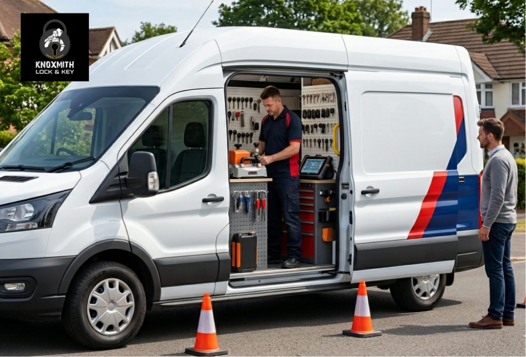 A mobile locksmith van equipped with key cutting and programming equipment parked in a residential area