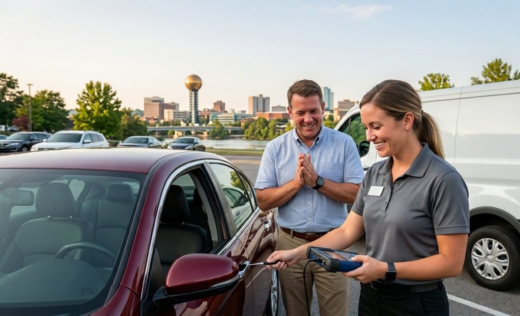 Car locksmith using a device on a car door with Knoxville skyline