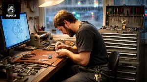 Knoxsmith locksmith meticulously copies a key at a workbench with tools and computer schematic.