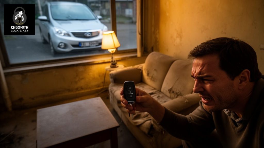 Man frustrated with car key fob, Knoxsmith Lock & Key logo visible.