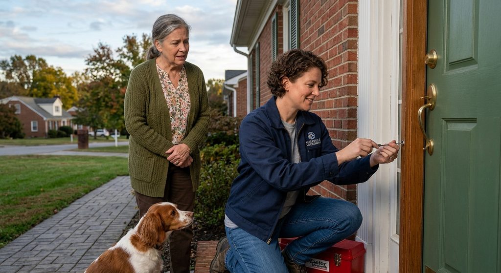 Locksmith helping a Knoxville homeowner regain entry after a front door lockout
