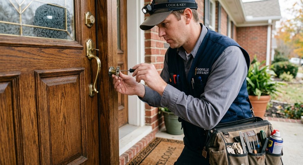 Professional locksmith inspecting and repairing a residential door lock in Knoxville