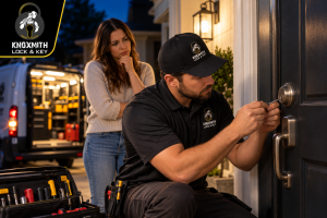 Knoxmith Lock & Key locksmith providing emergency lock repair at a residential front door in Knoxville, TN.
