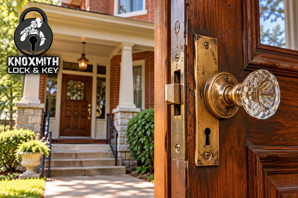 Historic Knoxville wooden door with traditional mortise lock hardware